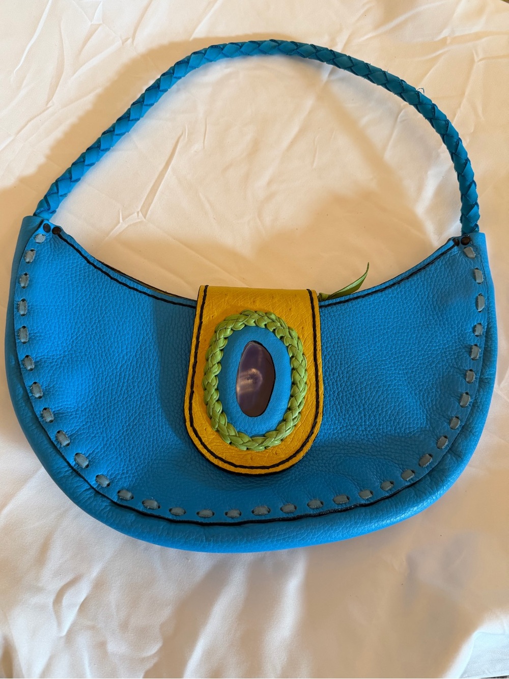 Vintage MAIA French Leather Crescent Bag- Stone Inlay, Braided Strap, Ostrich